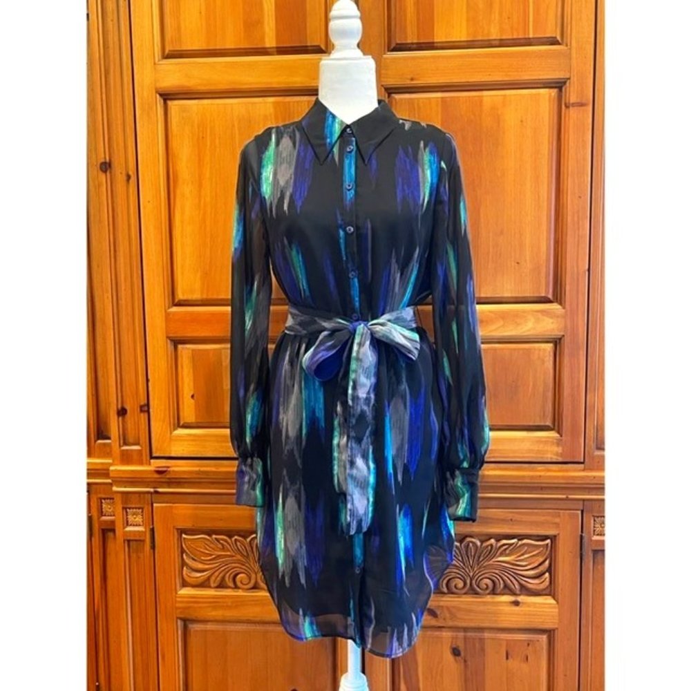 Kirna Zabete Chiffon Midi Shirt Print Dress NWT - Blk/Blu/Grn - Size M